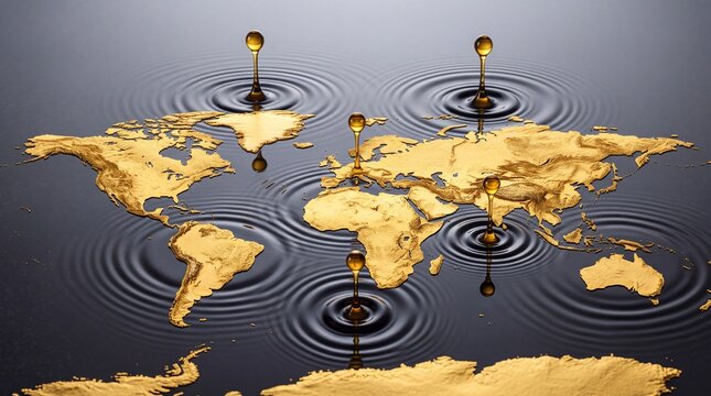 Conceptual 3D Render of a Golden World Map Floating on Dark Liquid with Golden Droplets Creating Ripples, Representing Global Energy Resources, International Oil Trade, Wealth, and Economic Impact.