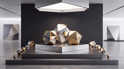 Fototapeta premium Modern abstract art exhibition featuring luxury gold and silver geometric polyhedral sculptures on a minimalist pedestal in a sleek futuristic gallery showroom with bright studio lighting