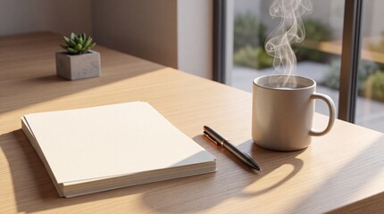 Fototapeta premium Minimalist home office workspace on a wooden desk featuring a stack of blank white paper mockups, a sleek pen, and a steaming ceramic coffee mug in the warm morning sunlight for a creative start.
