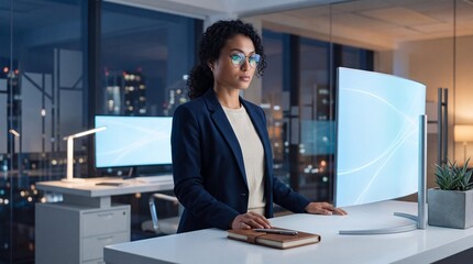 Obraz premium Focused Professional Businesswoman Working Late in a Modern Office with a Large Curved Monitor and Standing Desk, City Skyline Visible through the Window at Night