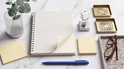 Obraz premium Minimalist Desktop Workspace with Blank Spiral Notebook, Blue Pen, Yellow Sticky Notes, Gold Paperclips, and Eyeglasses on White Marble Surface for Business Branding and Stationery Mockup Design
