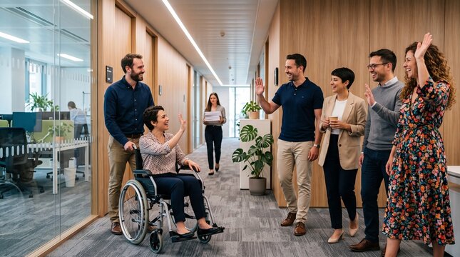 Diverse group of colleagues in a modern office hallway celebrating with high fives and smiles