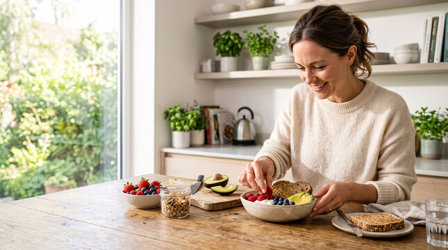 Home kitchen breakfast scene with woman preparing yogurt bowl topped with fruit granola and avocado for nutritious morning meal prep