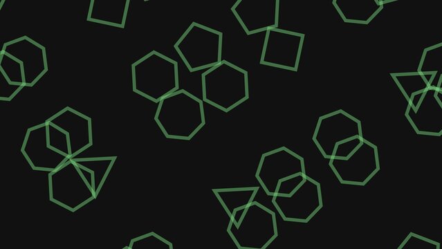 Green geometric shapes floating on dark background digital art