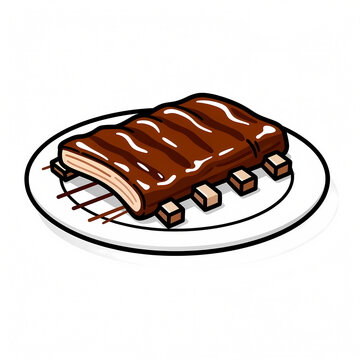 Vector illustration of a delicious rack of grilled pork ribs with glossy barbecue glaze served on a white plate, isolated on white background, ideal for restaurant menus and bbq themes