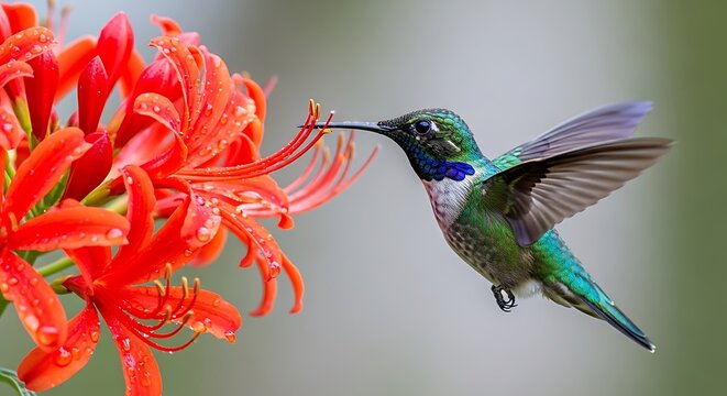 Hummingbird hovering near red spider lily flower with hummingbird, wildlife