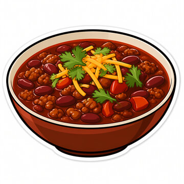 Vector illustration of a hearty bowl of chili con carne with kidney beans, ground beef, melted shredded cheddar cheese, and fresh cilantro garnish isolated on a white background.