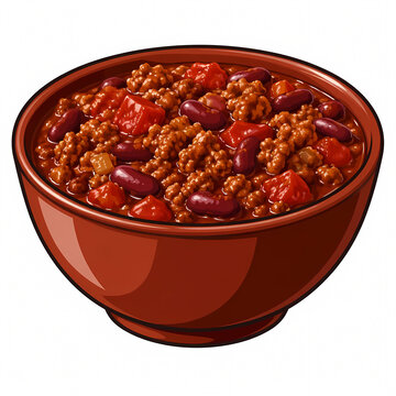 Vector illustration of a hearty bowl of homemade chili con carne with red kidney beans, ground beef, and tomatoes in a savory sauce isolated on a white background