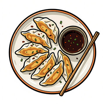 Vector illustration of a plate of delicious fried dumplings, gyoza or potstickers served with spicy soy dipping sauce and chopsticks, isolated on a white background for food menu.
