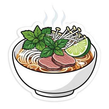 Vector Illustration of a Traditional Vietnamese Pho Noodle Soup in a White Bowl with Beef Slices, Fresh Basil Leaves, Bean Sprouts, and a Lime Wedge Isolated on White Background
