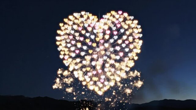 Mesmerizing Heart-Shaped Fireworks Display Illuminating the Dark Night Sky with Vibrant Colors Over Mountain Silhouette