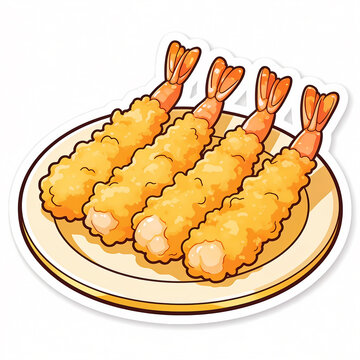Vector illustration of crispy golden shrimp tempura served on a circular plate, Japanese seafood appetizer sticker design isolated on a white background, delicious fried ebi furai prawn.