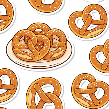 Vector illustration of delicious golden brown soft pretzels sprinkled with salt on a white plate, set against a seamless pattern background of tasty German snacks on white background