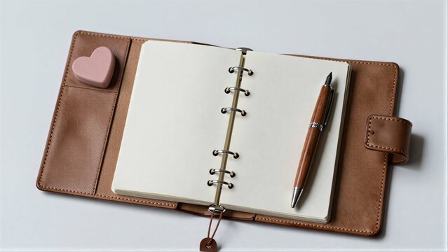 Brown leather notebook with pen and heart-shaped charm, ready for journaling.