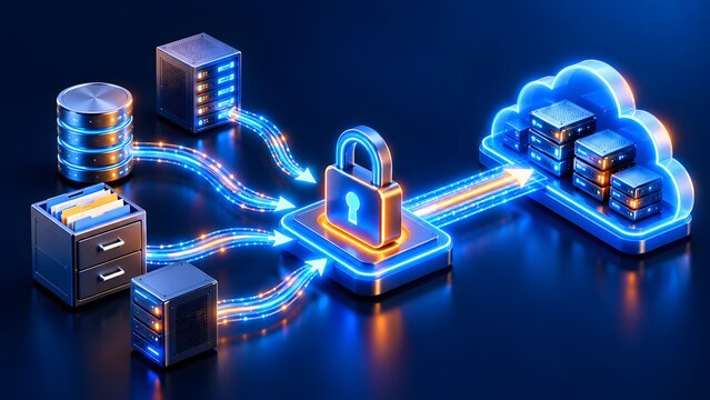 Isometric padlock filtering data streams from storage units to a glowing cloud server. Concept of cyber security and enterprise data governance.