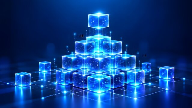 Pyramid of glowing blue cubes stacked on a connected grid network. Concept of structured data governance and modular smart infrastructure.