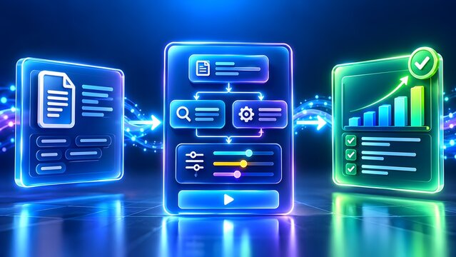 Glowing interface panels showing document flowchart and green bar chart. Concept of intelligent document processing and workflow automation.