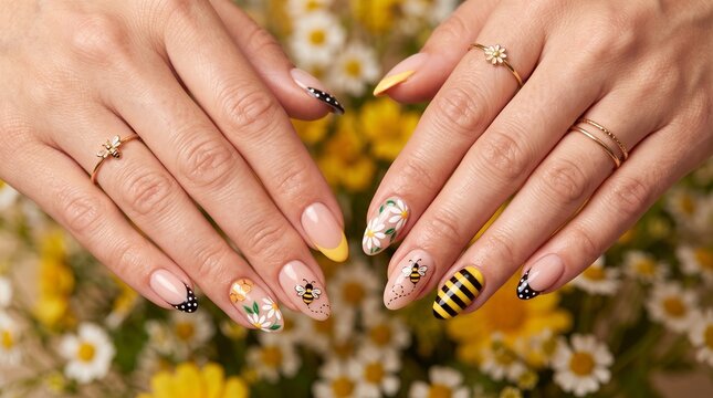 Honeybee daisy manicure close up, Yellow black floral nail art, Glossy almond gel nails, Spring beauty editorial with gold rings, Cheerful macro hand photography
