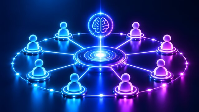 Glowing brain hologram connected to user avatars in a circular network. Concept of agentic operations and workflow orchestration.