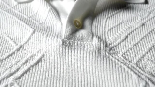 Close up view of a textured white polo shirt collar with a button, studio shot.
