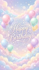 Fototapeta premium Happy birthday greeting card design with pastel balloons and dreamy clouds in a magical sky background party background floating balloons fantasy sky party decor
