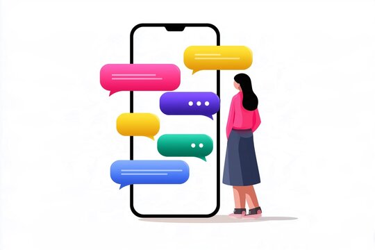 A smartphone with colorful chat bubbles arranged on the screen and a person beside it, messaging app concept, flat vector illustration