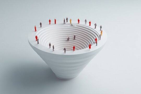 Isometric view of people walking down a giant funnel shaped arena toward the center, convergence and focus concept, 3D illustration