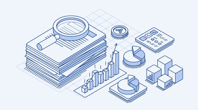 Professional Isometric of Data Analysis and Research with Blue Circuit Board Style Design Stacked Documents Magnifying Glass Charts and Microchip