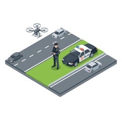 Professional Isometric of Police Officer Directing Traffic with Patrol Car Civilian Vehicles and Surveillance Drone © Reva