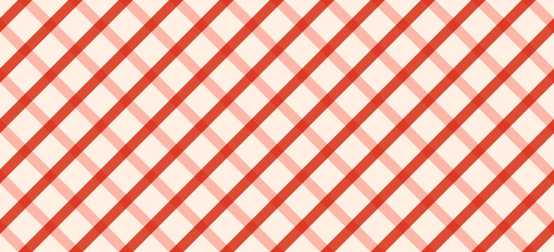 Red and White Diagonal Plaid Seamless Vector Pattern Background, Vintage Gingham Tartan Checkered Fabric Texture for Christmas Picnic Tablecloth, Wrapping Paper, and Textile Print