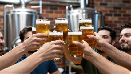 Fototapeta premium Group toasts with beer in a brewery, friends celebrating together.