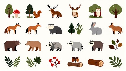 Obraz premium Forest animals and plants in a cute, illustrated style.