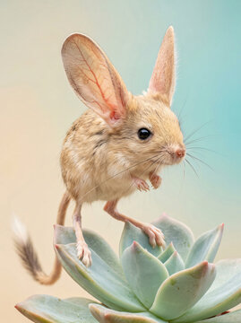 A cute desert jerboa with large ears standing on a succulent plant.