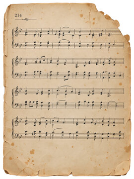 Vintage antique sheet music page, aged worn paper background with musical notes, torn old hymn book page for graphic design