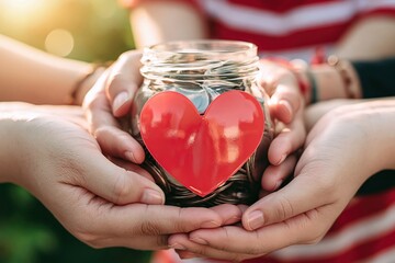 Close up shot of multiple hands holding glass jar filled with coins and red heart symbol, representing charity, donation, saving money, and community support.