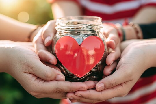 Close up shot of multiple hands holding glass jar filled with coins and red heart symbol, representing charity, donation, saving money, and community support.