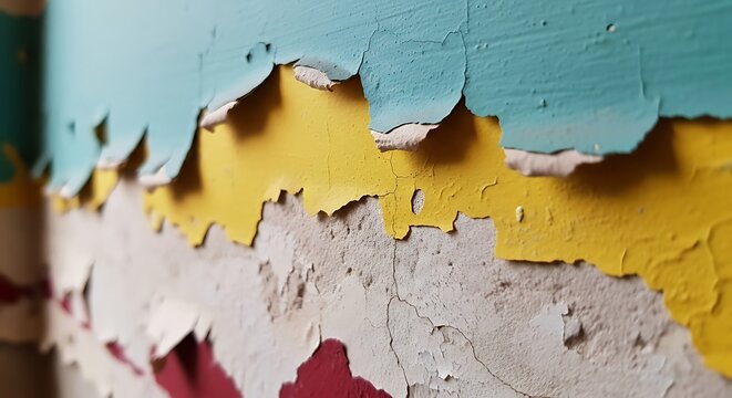 Peeling paint layers on old cracked interior wall surface with abandoned