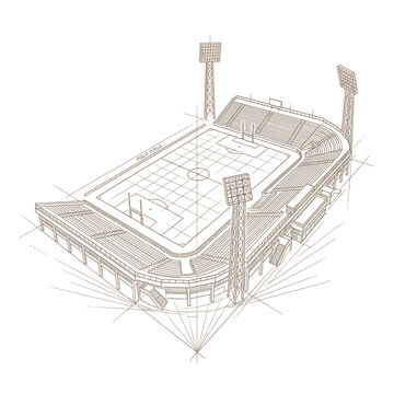 Elegant Black and White Sketch of a Multi Purpose Stadium with Polo Field Seating and Floodlights