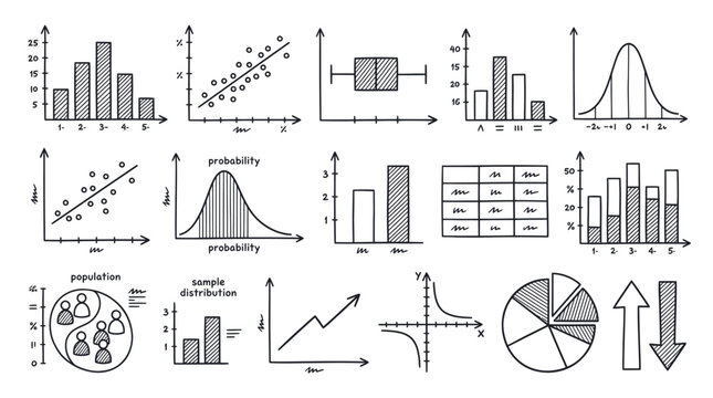 Elegant Black and White Statistical Data Visualization Illustrations Showing Graphs Charts and Diagrams