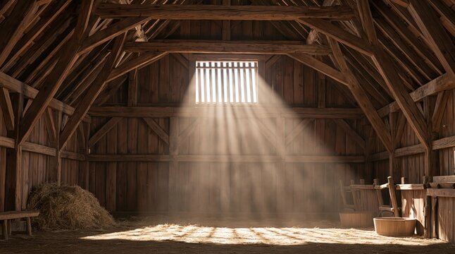 Interior view of old rustic barn with sunbeams streaming through window illuminating dust particles in air