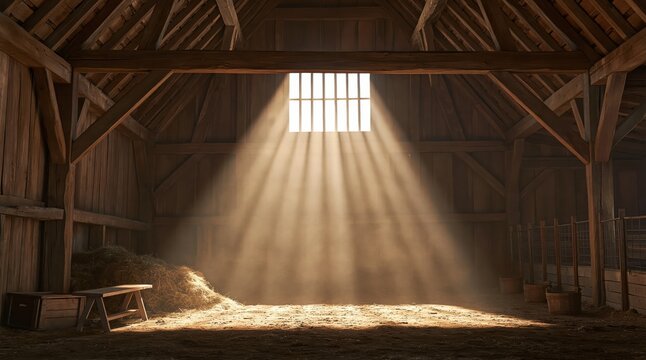 Sunbeams shining through small window into dark wooden barn interior creating dramatic lighting effect on dusty floor