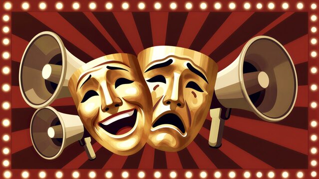 Golden comedy and tragedy masks flank by megaphones, framed with theater lights.