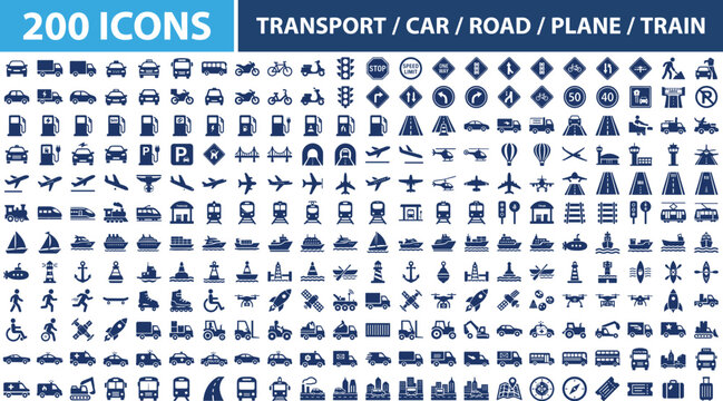 Transport icon set with 200 vector icons, car road plane train symbol collection, blue logistics infographics graphic resources