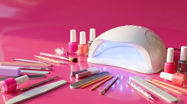 Nail Care Tools and UV Lamp on Pink Background