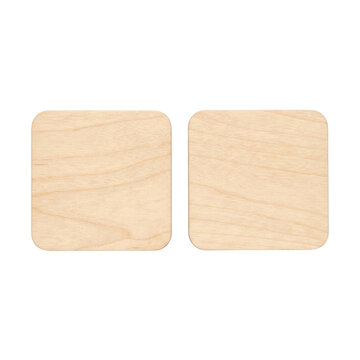 Two light brown wood square coasters with rounded corners on black background