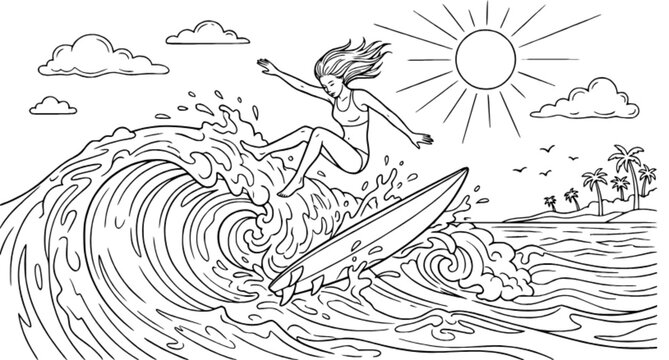 Woman Surfing on Sea Line Art &ndash; Summer Surfboard and Ocean Coloring Page Vector