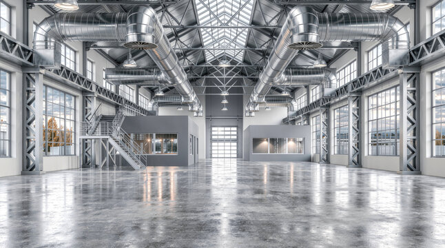Industrial building ventilation, large metal ducts and ceiling vents circulate air throughout an empty warehouse with a high steel-framed roof.