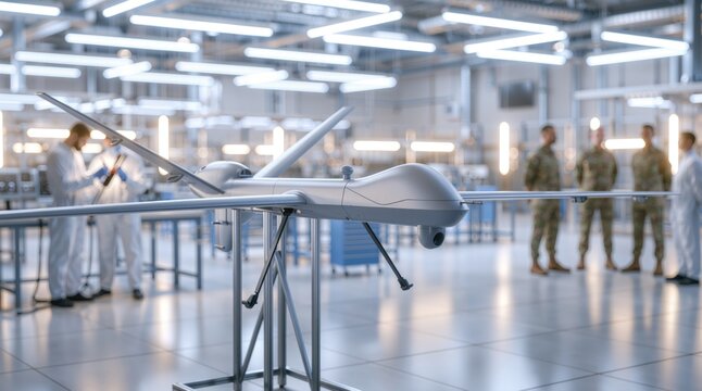 Military drone development in a workshop: engineers inspect unmanned aircraft while service members review a surveillance drone with a camera.