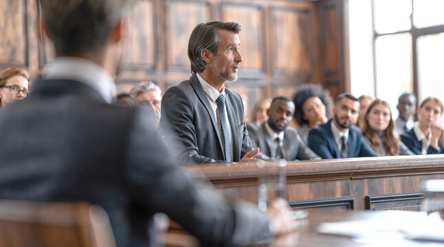 Legal proceedings, a man in a suit addresses the court while other attendees listen from the gallery.