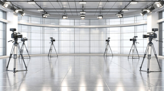 Video production studio with multiple television cameras on tripods and overhead lights set up for filming in a spacious, empty studio.